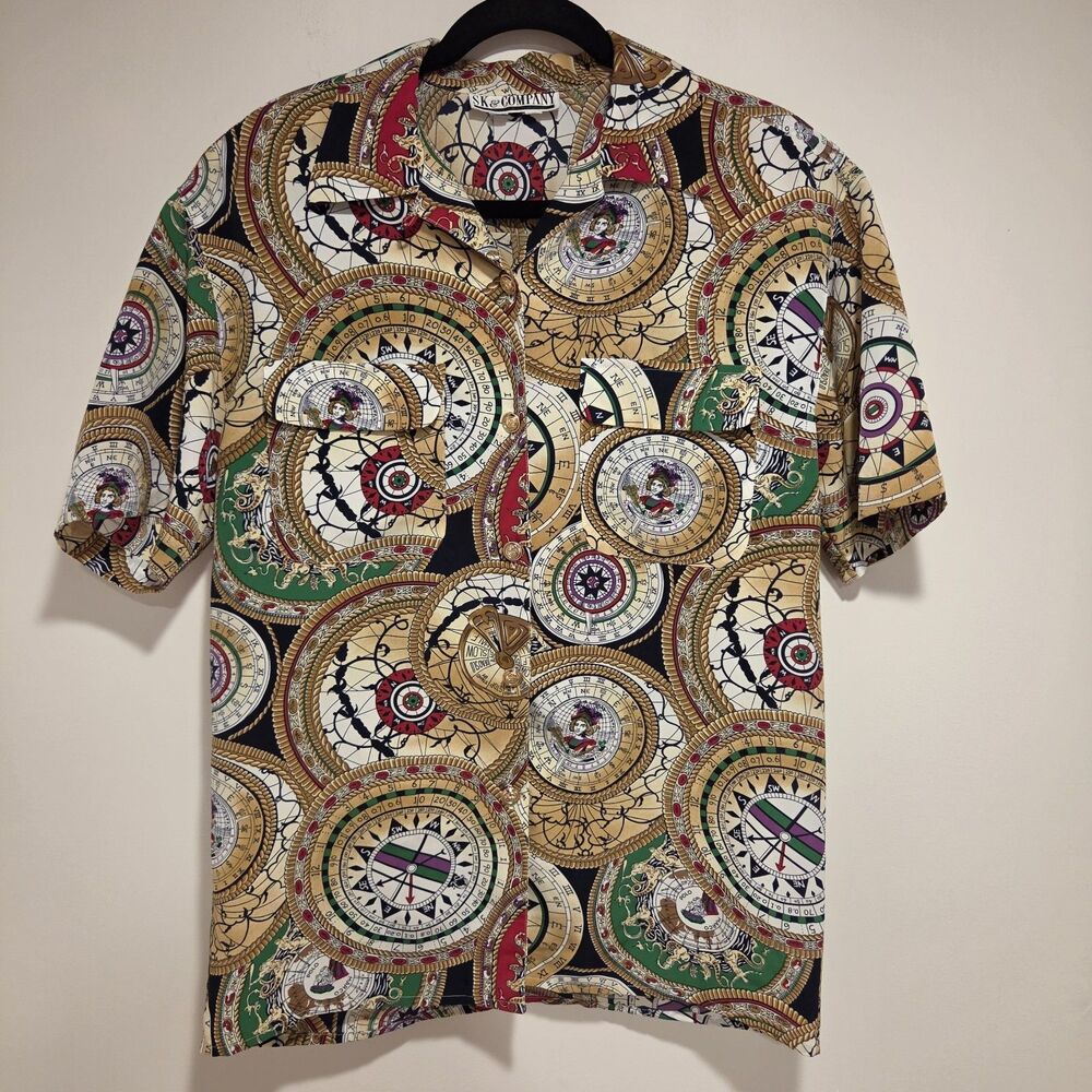 True Vintage Top Blouse Button Down Baroque Nautical Compass Globe Ornate Art